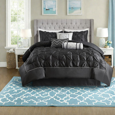 Elegant 7-piece Bedding Set, Black Polyester Comforter For Bedrooms