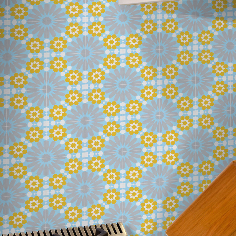 Agdal 8" x 8" Cement Patterned Wall & Floor Tile, Blue/Yellow/Gray
