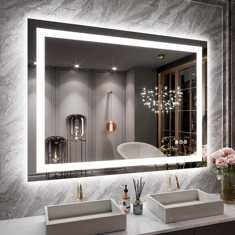 Miroir de salle de bain étanche 32 po x 32 po IP54 - DEL antibuée, avant / rétroéclairé, commande tactile, DEL haute luminosité avec miroir CRI 95, intensité variable, températures de couleur réglables de 3 000 K / 4 500 K / 6 000 K