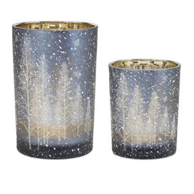 Navy Pine Tree Glass Candle Holder 