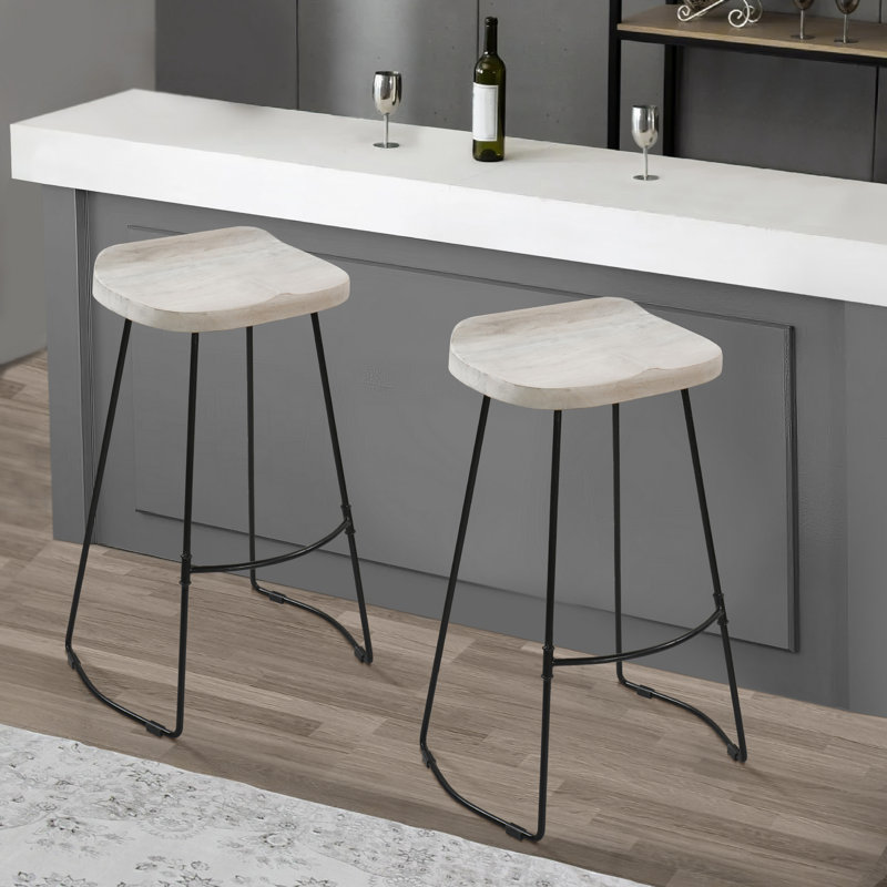 Tiva Handcrafted Backless Barstool, Mango Wood Saddle Seat, Bar Stool (30” Seat Height), White Washed