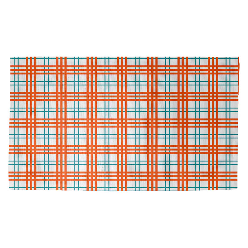 Plaid bleu fait à la main/orange/blanc Tapis décoratif, Rectangle 3 pi x 5 pi