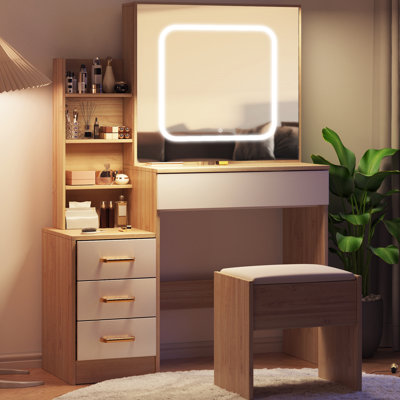 Modern Vanity Desk with Sliding Lighted Mirror, 4 Drawers, Open Shelf, Built-in Power Outlet, Cushioned Stool – Space-Saving Bedroom Makeup Table with 3-Color LED Lighting