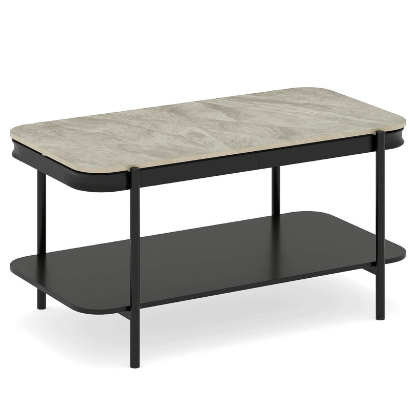 Rectangular Coffee Table, 2-Tier Center Table with Lower Shelf for Bedroom, Office Gray + Black, Black, Gray