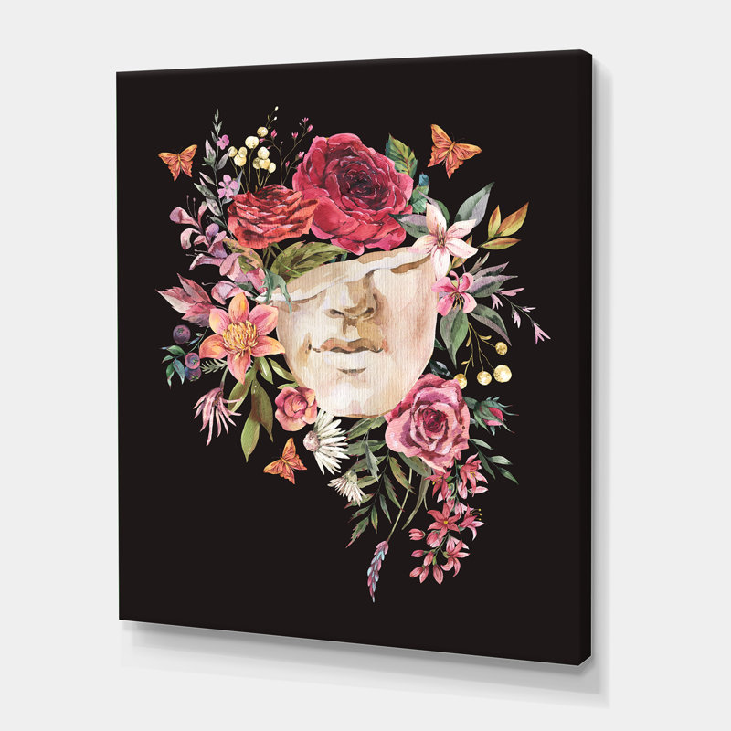 Sculpture grecque rétro avec fleurs séchées - peinture sur toile, H 40 po x l 30 po x P 1 po, Toile tendue