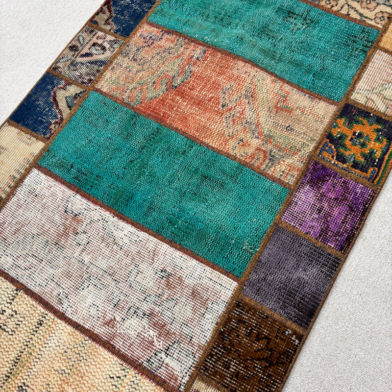 Modern Wool Patchwork Runner Rug, 30.3x85.4 Inch Blue Rug
