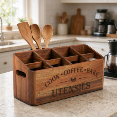 Acacia Wood Utensil Holder with Compartments, Countertop or Wall Mount Kitchen Organizer for Spoons, Forks and Knives