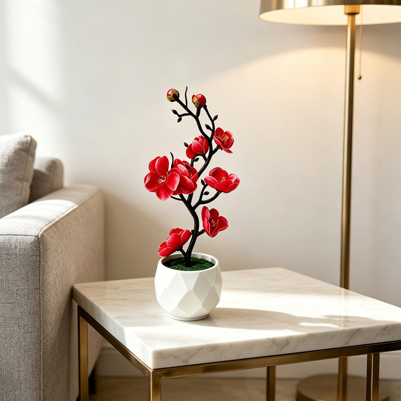 Décoration de table pour chambre à coucher : fleur artificielle blanche en soie, style osier, en pot, style Noël, Rouge rose