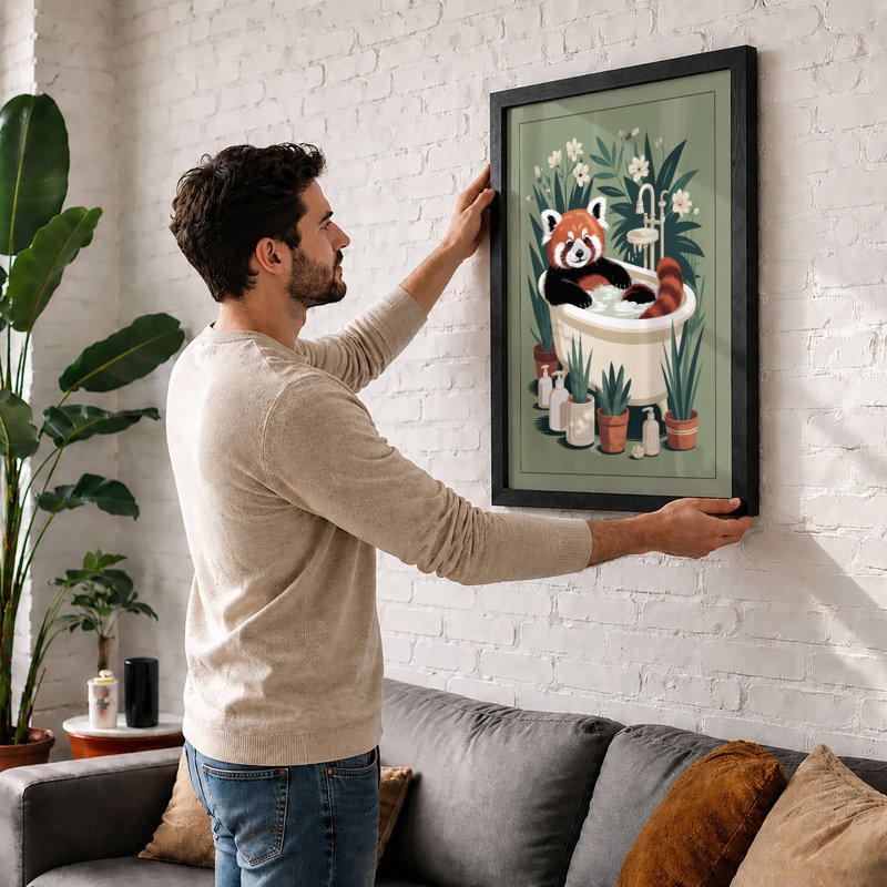 Panda Bath Time Boho - Framed Print, A4 - 29.7 x 21.0 cm, Walnut