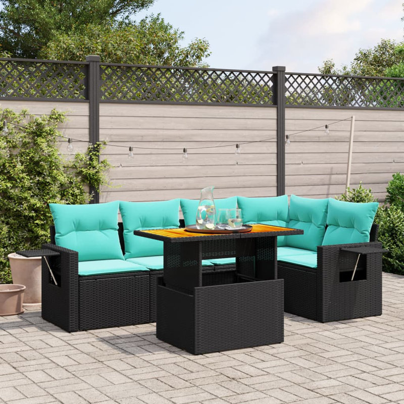  Ensemble de canapé de patio 6 pièces avec coussins en rotin de polyester, Noir, Vert