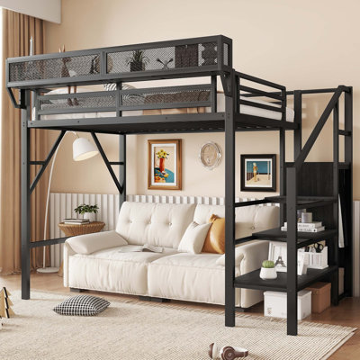 Metal Twin Loft Bed with Built-in Storage Shelves and Wardrobe Staircase