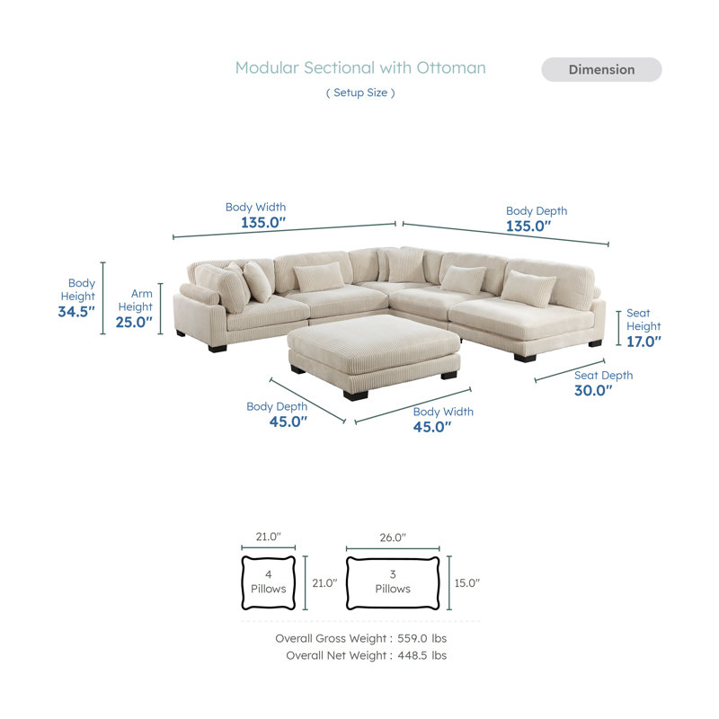 Brinsley 135”W Modern Track Arm Modular Sectional Sofa, Beige Corduroy