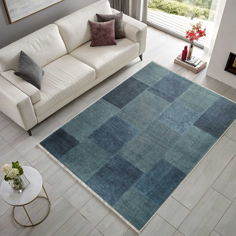 Kilim en chenille de coton bleu marine antidérapant Kilim, Carré 6 pi 7 po