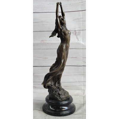 Antawn Awakening Stretching Woman in Thin Sheer Dress Bronze Sculpture Statue Figure on Marble Base