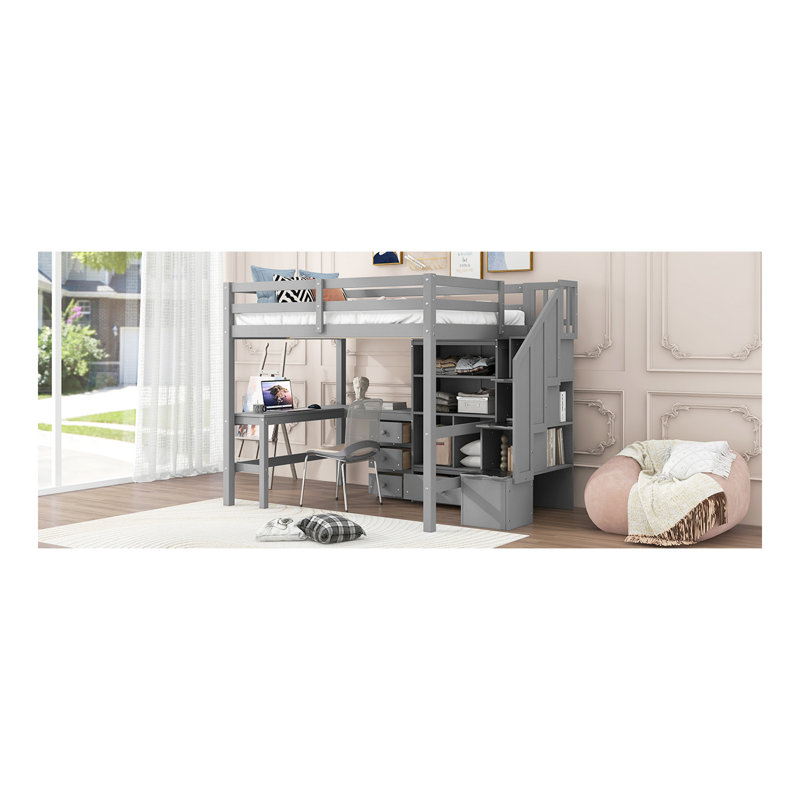 Lit mezzanine double avec bureau en L et tiroirs, armoire et escalier de rangement, gris