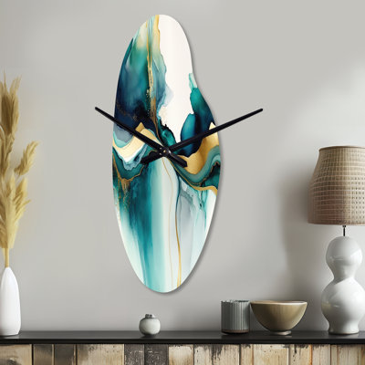 Bleu sarcelle et or abstrait Expression I - grande horloge murale turquoise - forme unique