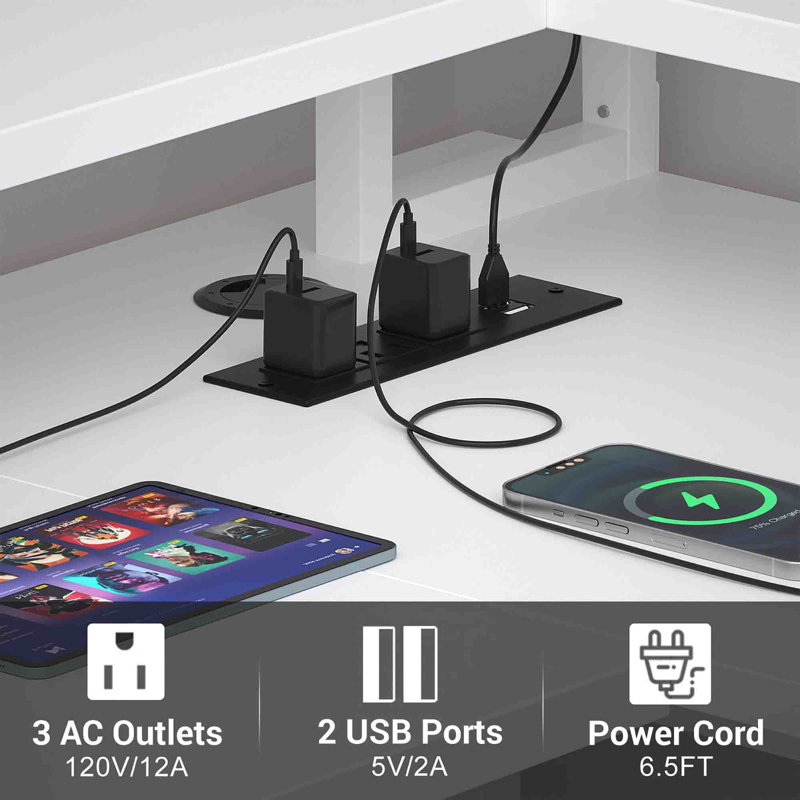 Black L-Shaped Gaming Desk with Power Outlets and Storage