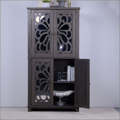 Buffet moderne avec 4 portes en miroir en acrylique, armoire de rangement à tablettes réglables pour la cuisine, le salon et la chambre à coucher