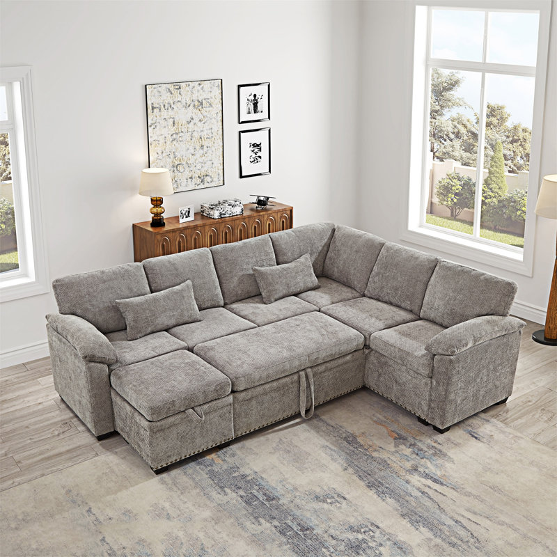 L-Shaped Corner Sectional Sofa Couch With Storage Ottoman, Gray Chenille