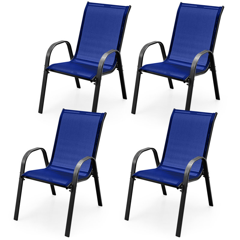 Patio Set of 4 Dining Chairs Stackable Armrest Space Saving Garden Patio Navy, Navy