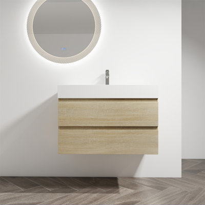 Meuble-lavabo mural de 36 pouces avec lavabo en résine et tiroirs à fermeture en douceur, peu encombrant et élégant