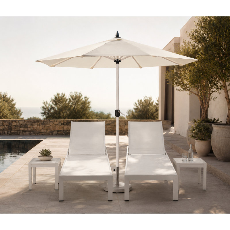 Aynura 6-Piece Outdoor Chaise Lounge Set – Two Powder-Coated Aluminum Reclining Loungers with Two Side Tables, Matching Umbrella & Base