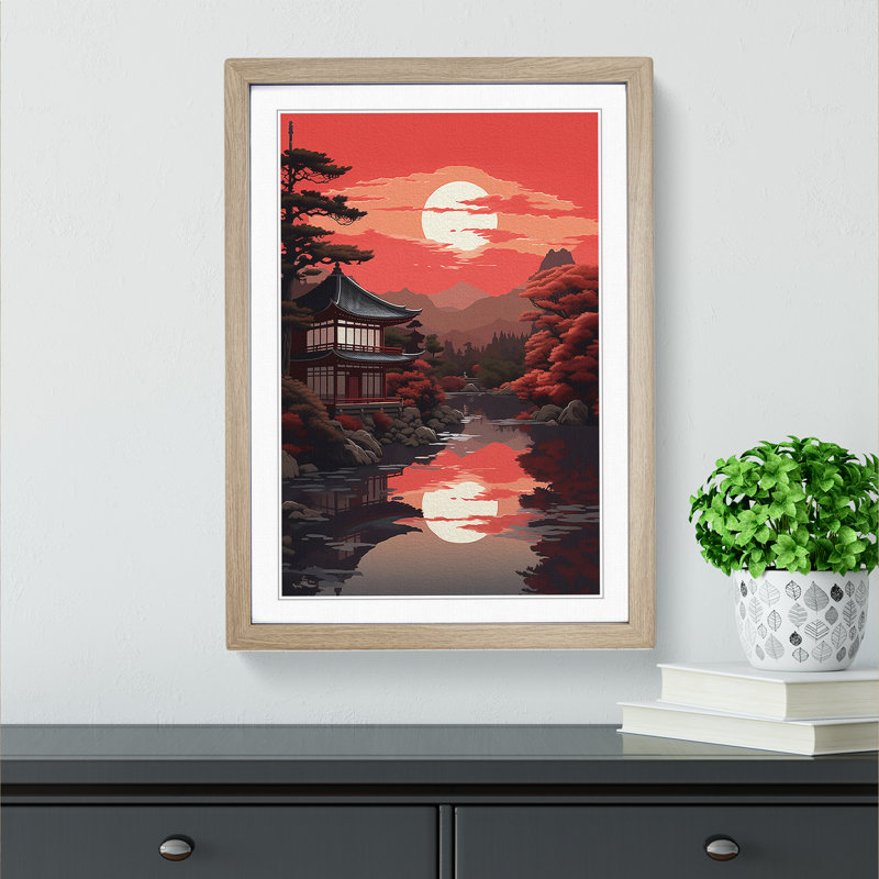 Japanese Sunset Classicism - Single Picture Frame Print on Wood, Oak Framed, 46cm H x 34cm W x 2cm D