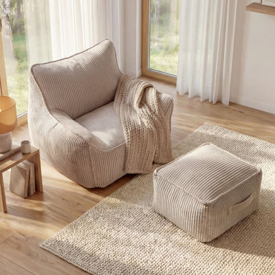 Large Corduroy Bean Bag with Footstool Grey