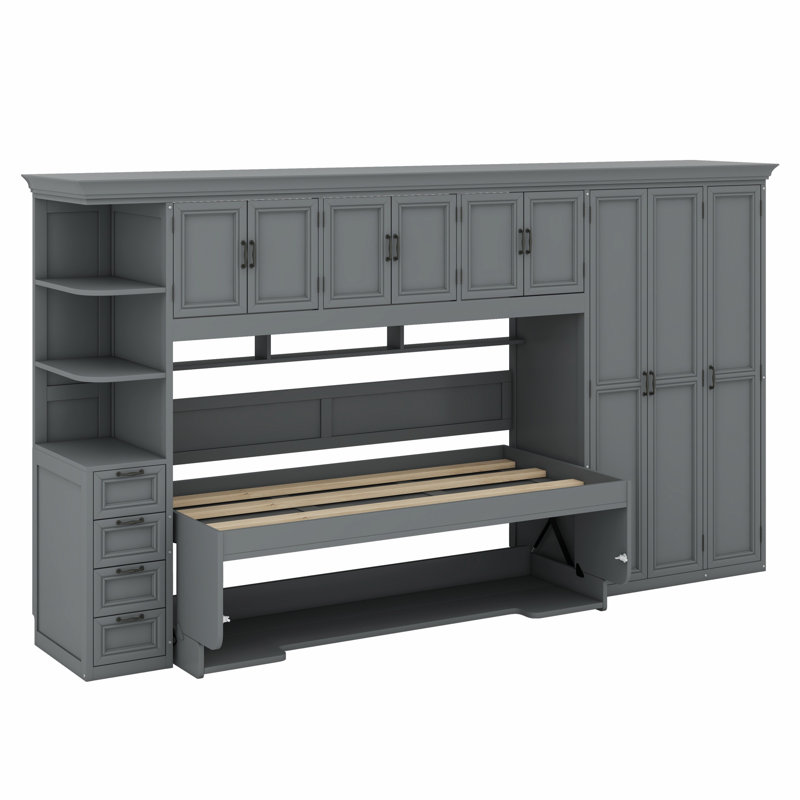Lit escamotable multifonctionnel avec garde-robe, bureau et armoire, Gris