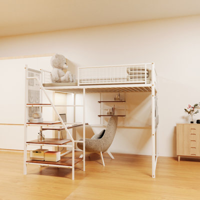 Lit mezzanine double en métal avec lumières à DEL intégrées et station de charge USB, bureau et rangement sous le lit, garde-corps anti-basculement et pleine longueur, peu encombrant pour le dortoir de la chambre à coucher