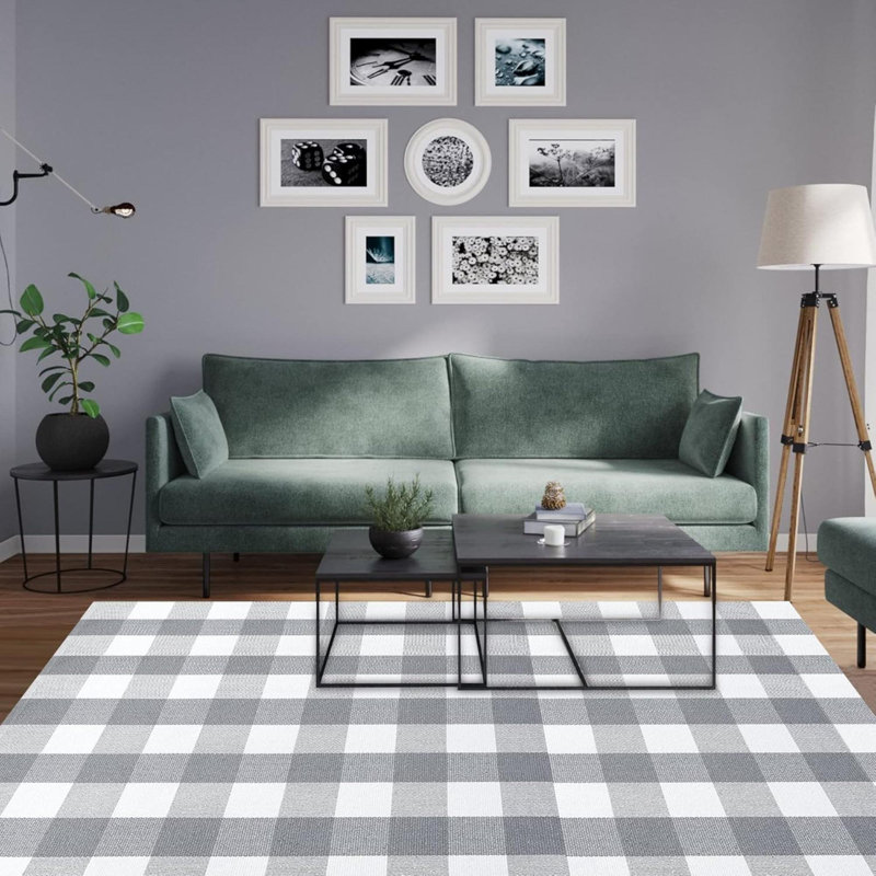 Tapis à carreaux en coton Buffalo, Gris / Blanc, L 48 po x L 72 po