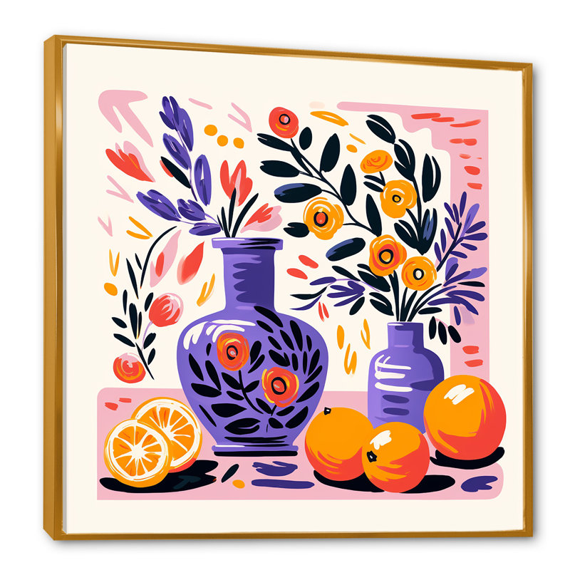«Mauve Boho Pottery Blooms I», art mural Boho, Cadre flottant doré, H 30 po x l 30 po