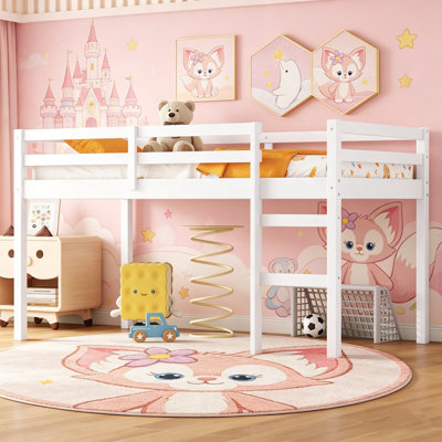 Low Loft Bed Frame, Bed Platform With Safety Guardrails And Ladder, Solid Wood Bed, No Box Spring Needed, Twin And Full