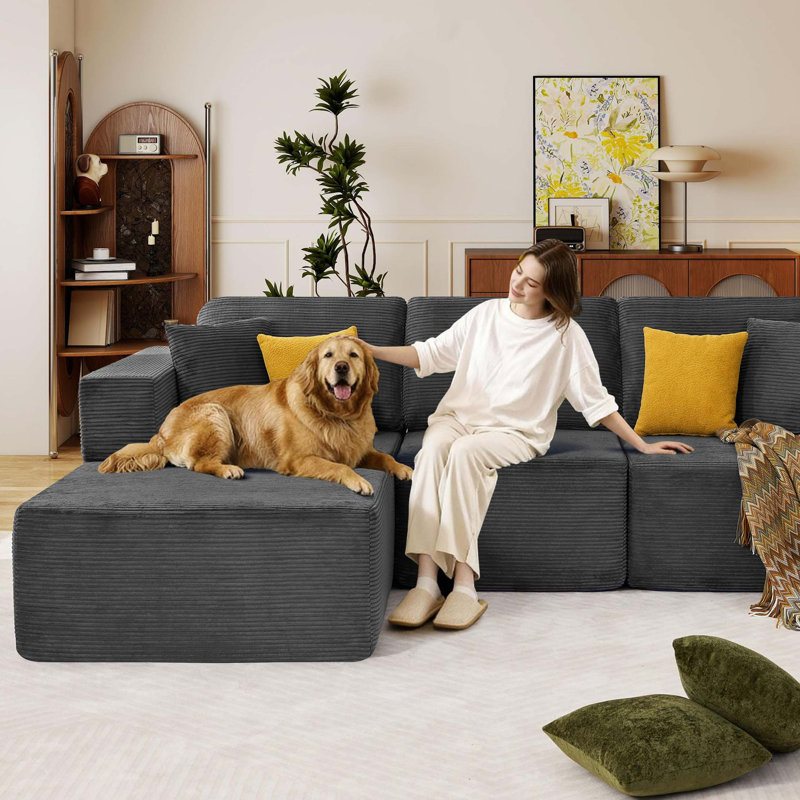 Boneless Cloud Modular Sectional Sofa with Deep Seat Comfort and L-Shape Chaise, Gray Corduroy