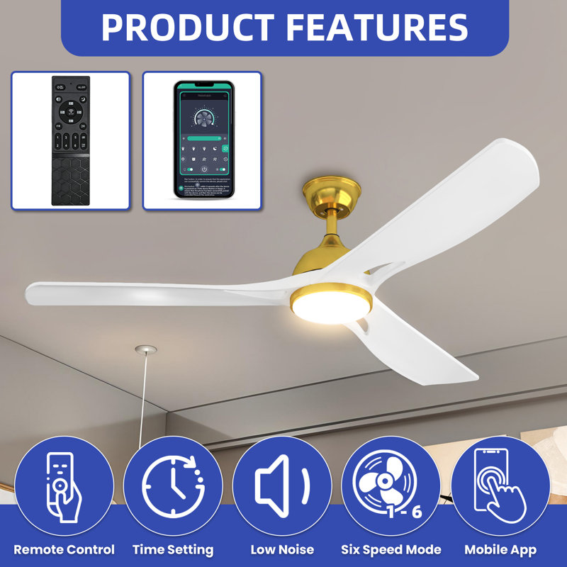 56-Inch Ceiling Fan with LED Light, App & Remote Control, Reversible DC Motor, Gold, White