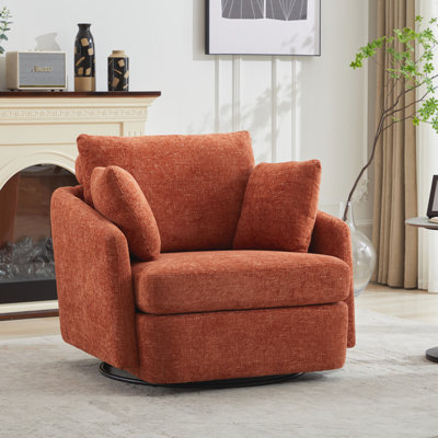 40.55"W Swivel Accent Chair With 2 Thorw Pillows 360 Degree Swivel Round Sofa Modern Oversized Arm Chair Cozy Club Chair for Bedroom Living Room Lounge Hotel,Orange Chenille