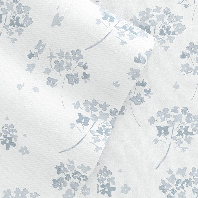 Sheet Set 100% Cotton Patterned Flannel Super Soft Bedding, Light Blue Flower Bunch