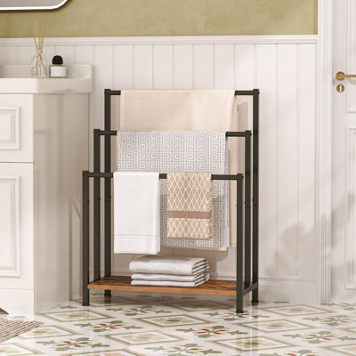 Free Standing Towel Rack, 3 Tier Blanket Rack, Blanket Holder for Bathroom, 23.6" L x 11" W x 31.9" H, Industrial Metal Drying and Display Rack with Shelf, Rustic Brown and Black