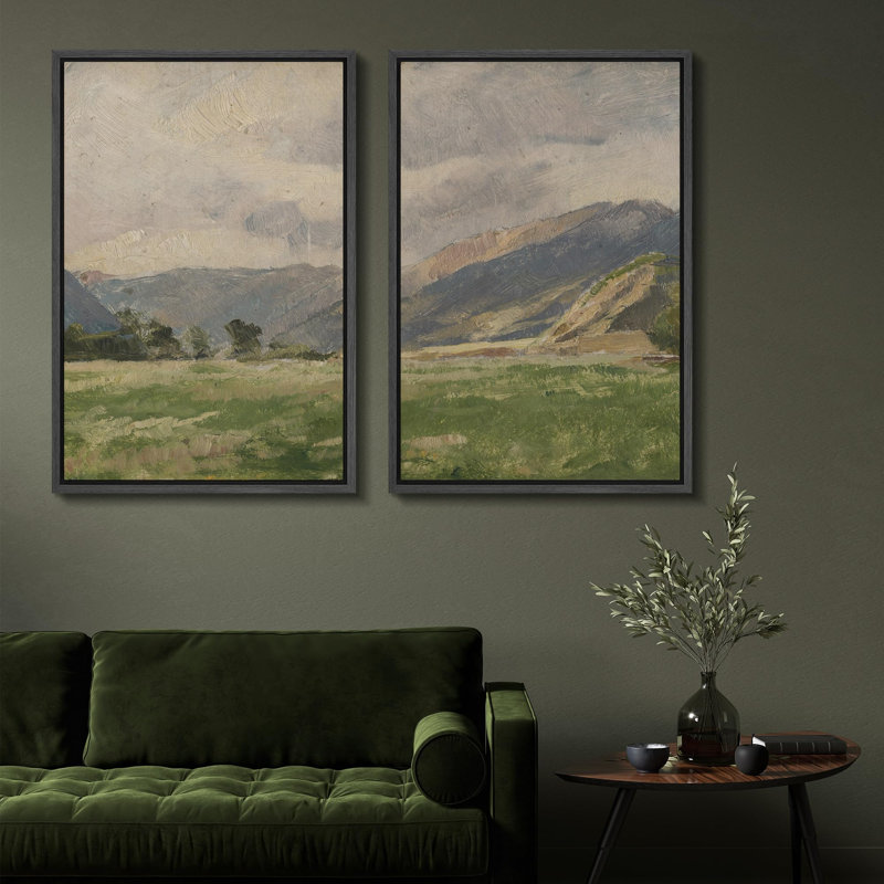 Rustic Countryside "Majestic Mountain Fields Nature Landscape, reproduction d'art sur toile encadrée 2 pièces, Noir