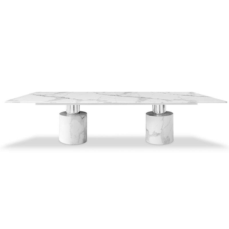  180" White Marble Double Pedestal Base Dining Table, Blanc