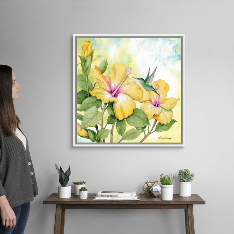 Hibiscus, art mural sur toile, Toile avec cadre blanc, H 36 po x l 36 po x P 1,75 po