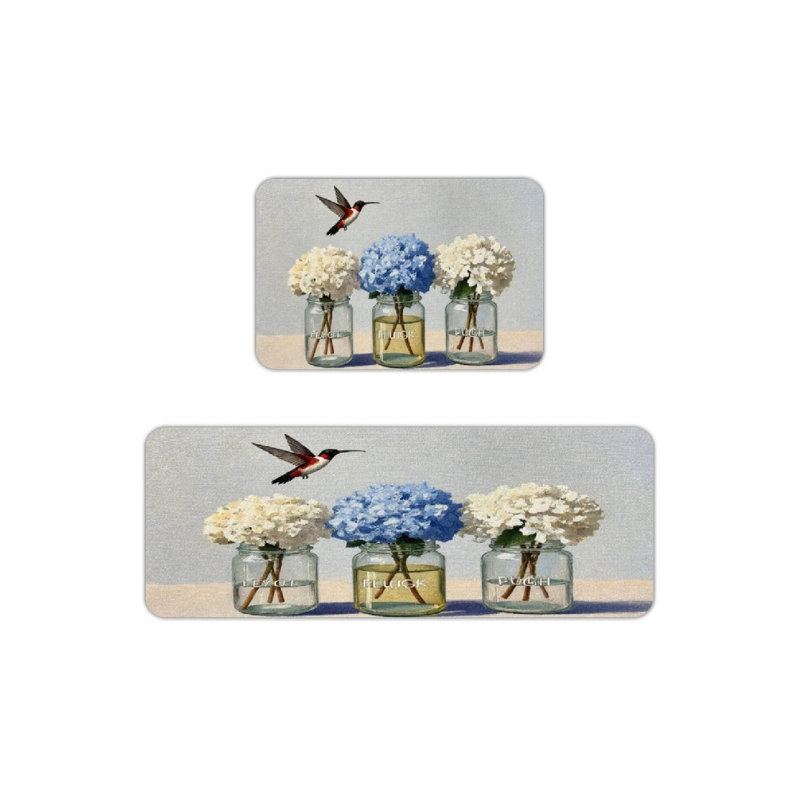 Tapis de cuisine antidérapant à hortensia et colibri, 2 pièces