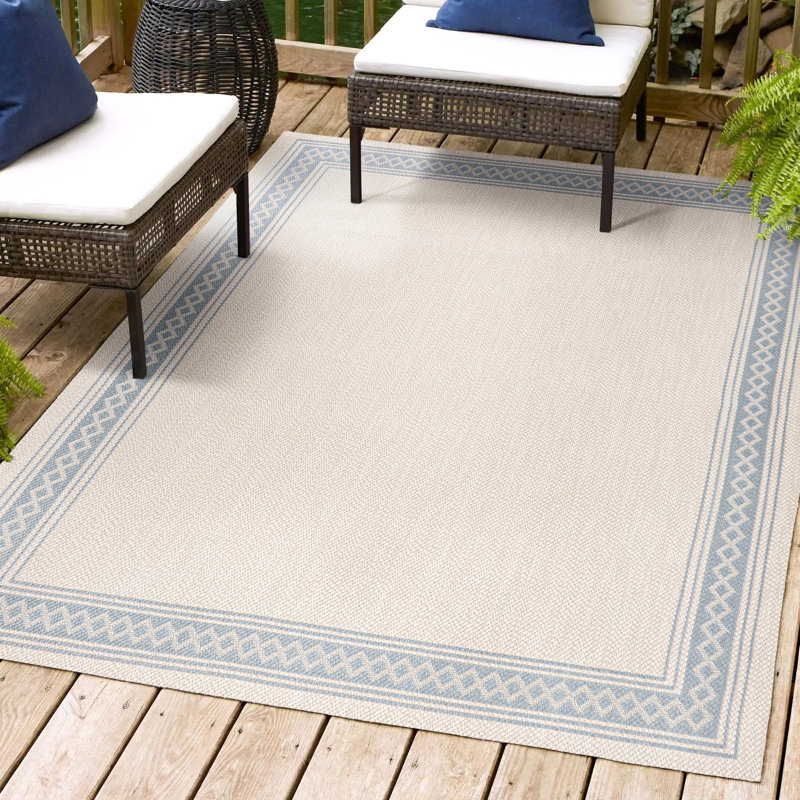Tapis intérieur / extérieur crème / bleu Clarktown, Rectangle 7 pi 10 po x 10 pi