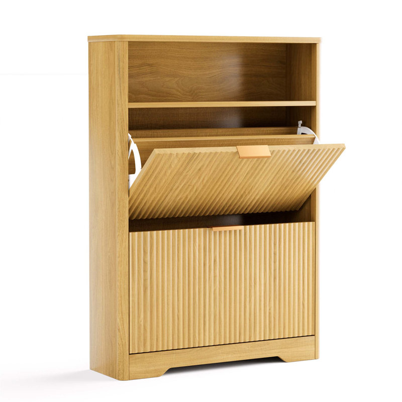 Armoire à chaussures haute avec 2 tiroirs rabattables, beaucoup de rangement et un design moderne pour l'organisation du vestibule et du couloir