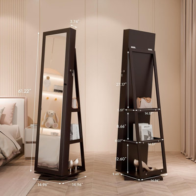 Armoire à bijoux pivotante à 360 ° avec miroir de maquillage intérieur, miroir pleine longueur avec rangement pour bijoux