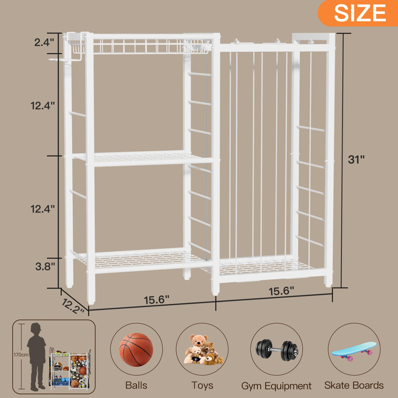 Organisateur pour équipement de sport, support de rangement pour balles avec sangles élastiques, chariot de rangement pour organisateur de sport avec crochets, blanc