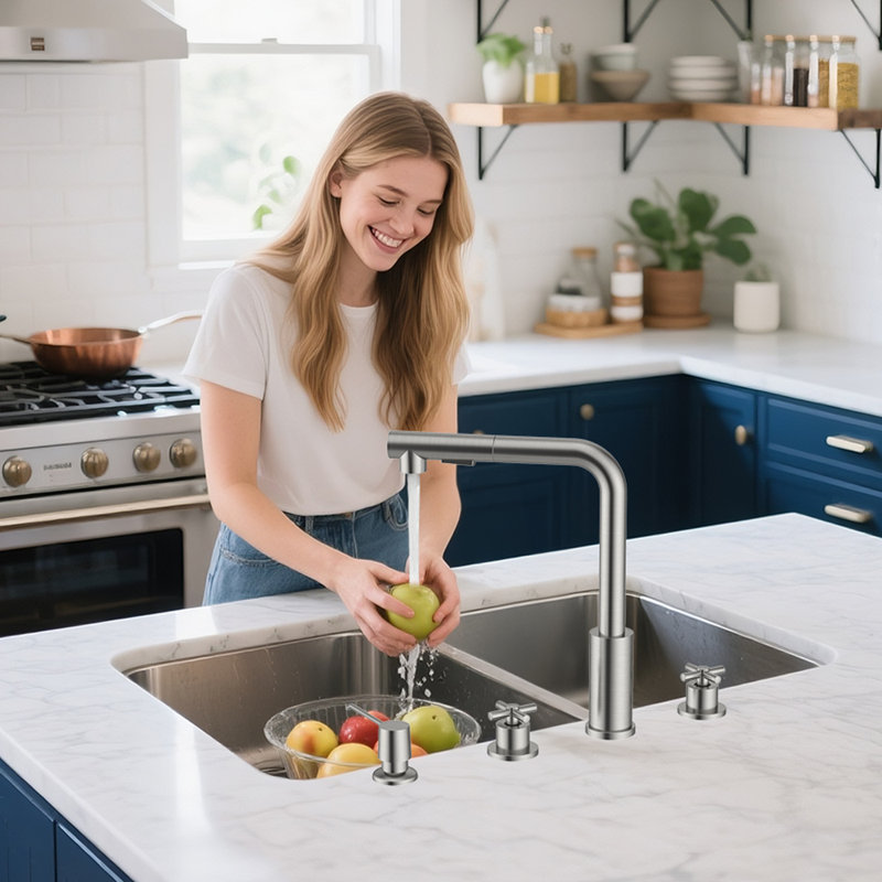 Robinet de cuisine rétractable à 2 poignées avec distributeur de savon, Nickel brossé