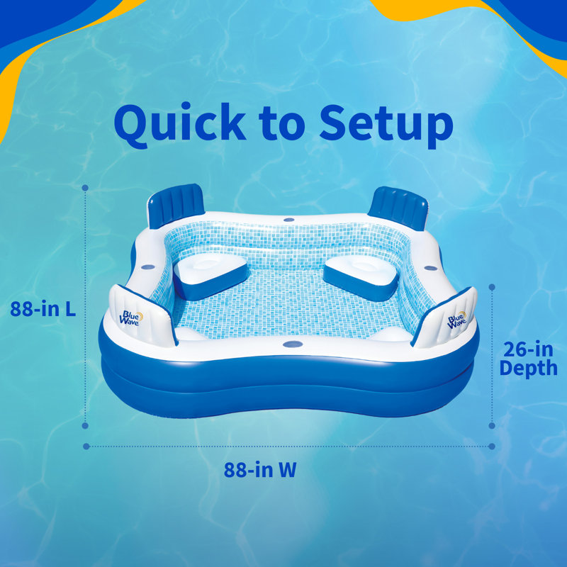 Blue Wave Premier Family Inflatable Pool with Seats – 88-in x 88-in x 26-in Four-Seater Pool for Backyard Fun – Durable 4-Person Inflatable Pool with Cover, Drain Plug & Repair Patch