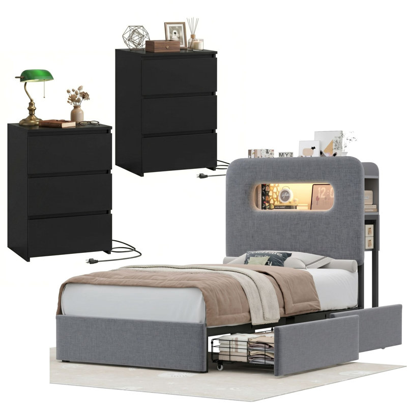 Upholstered 3-Piece Storage Bedroom Set, Twin, Gray/Black