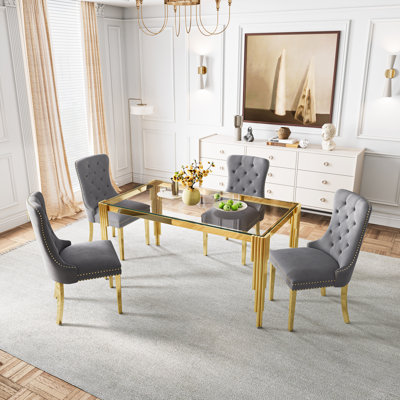 5 Piece Dining Table Set,80.71” Rectangular Glass Dining Table And 4Luxurious Velvet Chairs